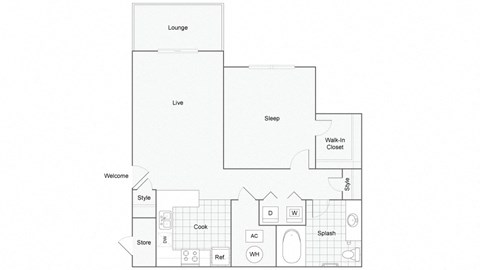 Floor plan for 1 bed, 1 bath, 774 sqft
